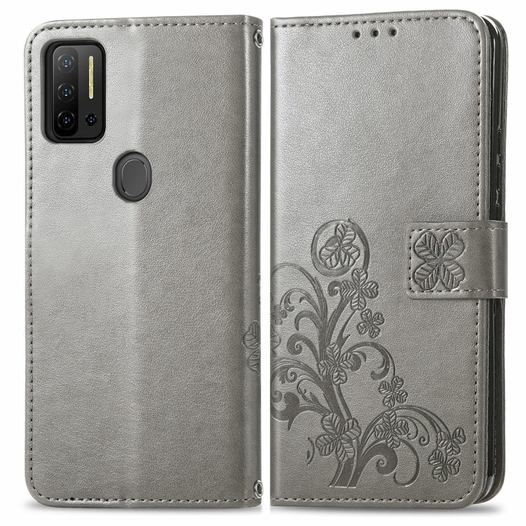 For Ulefone Note 11 Plus Four-leaf Clasp Embossed Buckle Mobile Phone Protection Leather Case with Lanyard & Card Slot & Wallet & Bracket Function