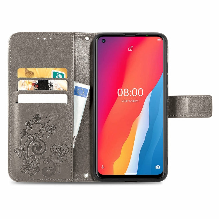 For Ulefone Note 11 Plus Four-leaf Clasp Embossed Buckle Mobile Phone Protection Leather Case with Lanyard & Card Slot & Wallet & Bracket Function