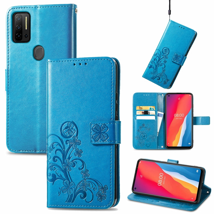 For Ulefone Note 11 Plus Four-leaf Clasp Embossed Buckle Mobile Phone Protection Leather Case with Lanyard & Card Slot & Wallet & Bracket Function