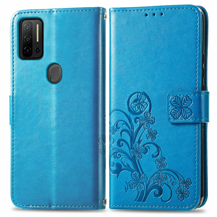 For Ulefone Note 11 Plus Four-leaf Clasp Embossed Buckle Mobile Phone Protection Leather Case with Lanyard & Card Slot & Wallet & Bracket Function