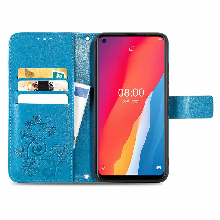 For Ulefone Note 11 Plus Four-leaf Clasp Embossed Buckle Mobile Phone Protection Leather Case with Lanyard & Card Slot & Wallet & Bracket Function