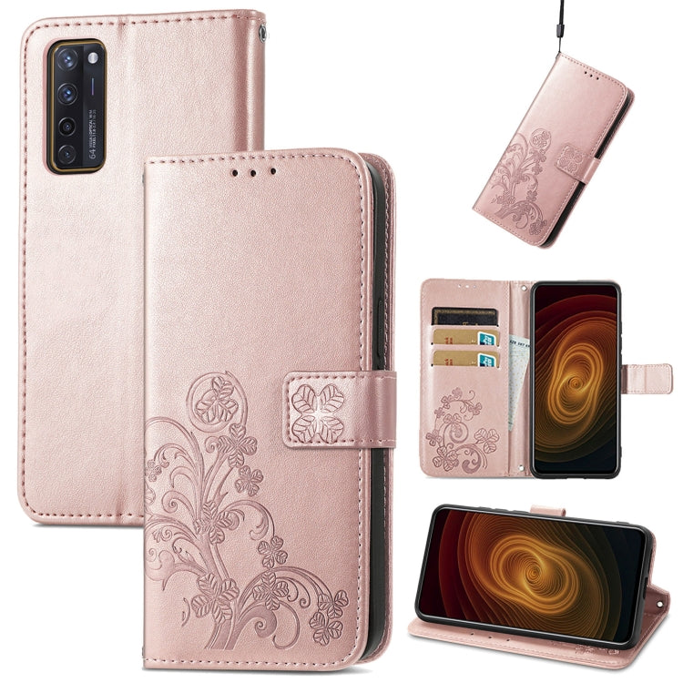 For ZTE AXON 20 5G Four-leaf Clasp Embossed Buckle Mobile Phone Protection Leather Case with Lanyard & Card Slot & Wallet & Bracket Function