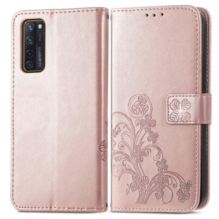 For ZTE AXON 20 5G Four-leaf Clasp Embossed Buckle Mobile Phone Protection Leather Case with Lanyard & Card Slot & Wallet & Bracket Function