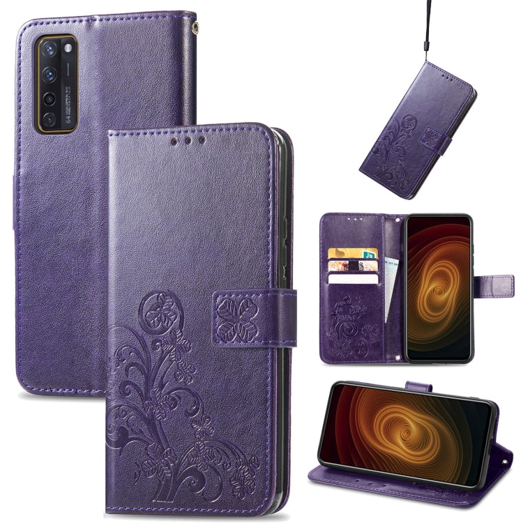 For ZTE AXON 20 5G Four-leaf Clasp Embossed Buckle Mobile Phone Protection Leather Case with Lanyard & Card Slot & Wallet & Bracket Function