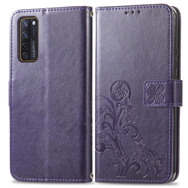 For ZTE AXON 20 5G Four-leaf Clasp Embossed Buckle Mobile Phone Protection Leather Case with Lanyard & Card Slot & Wallet & Bracket Function