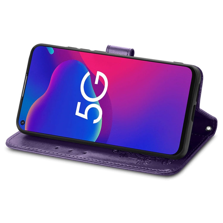 For ZTE Axon 11 SE 5G Four-leaf Clasp Embossed Buckle Mobile Phone Protection Leather Case with Lanyard & Card Slot & Wallet & Bracket Function