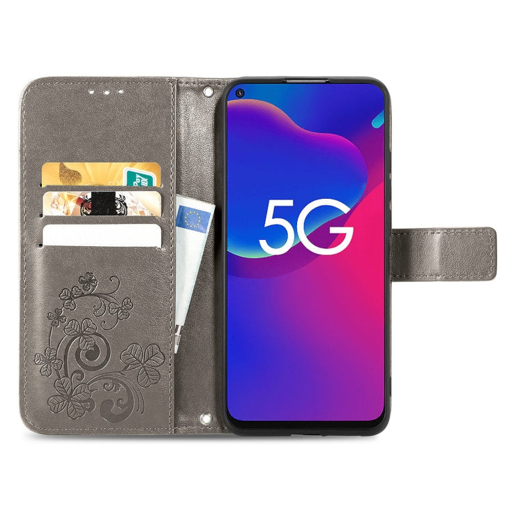 For ZTE Axon 11 SE 5G Four-leaf Clasp Embossed Buckle Mobile Phone Protection Leather Case with Lanyard & Card Slot & Wallet & Bracket Function