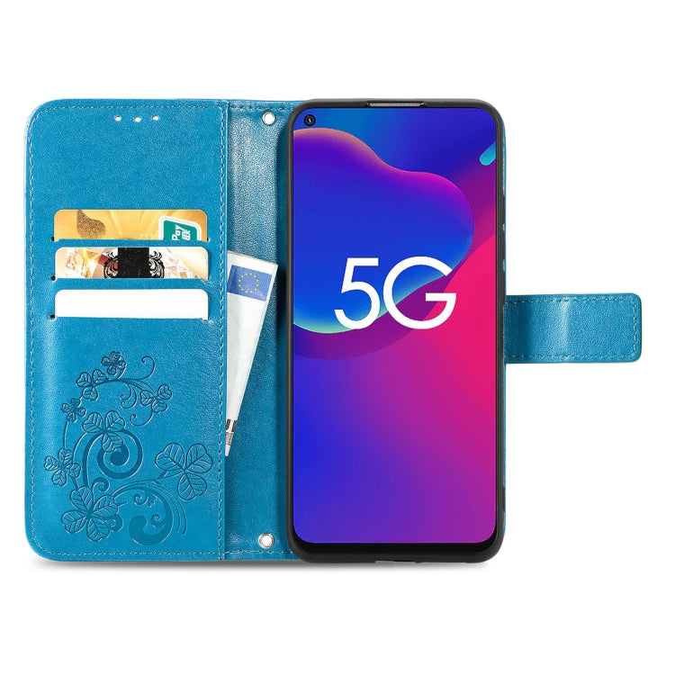 For ZTE Axon 11 SE 5G Four-leaf Clasp Embossed Buckle Mobile Phone Protection Leather Case with Lanyard & Card Slot & Wallet & Bracket Function