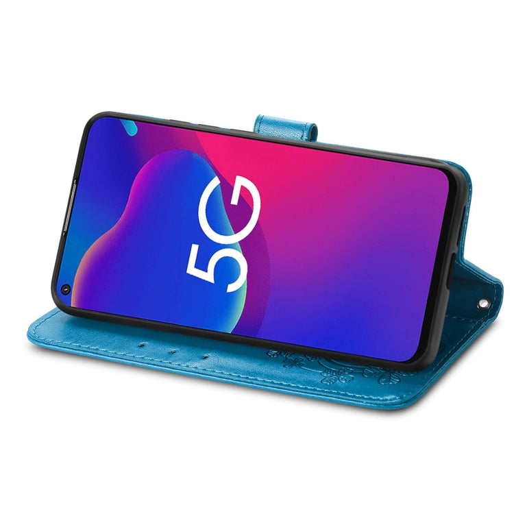 For ZTE Axon 11 SE 5G Four-leaf Clasp Embossed Buckle Mobile Phone Protection Leather Case with Lanyard & Card Slot & Wallet & Bracket Function