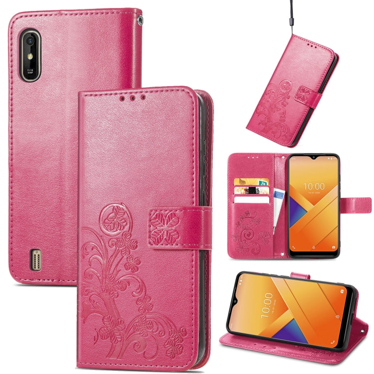 For Wiko Y81 Four-leaf Clasp Embossed Buckle Mobile Phone Protection Leather Case with Lanyard & Card Slot & Wallet & Bracket Function
