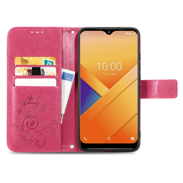 For Wiko Y81 Four-leaf Clasp Embossed Buckle Mobile Phone Protection Leather Case with Lanyard & Card Slot & Wallet & Bracket Function