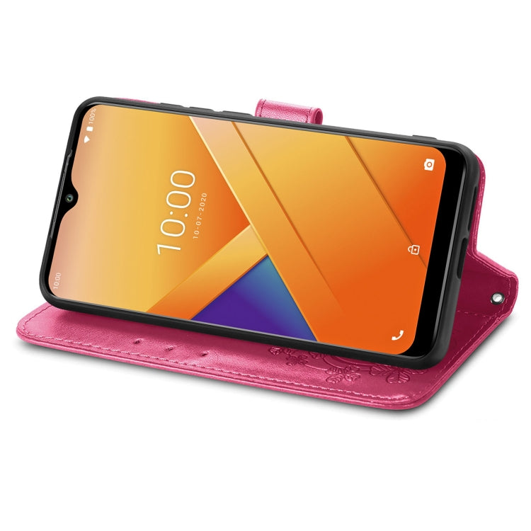 For Wiko Y81 Four-leaf Clasp Embossed Buckle Mobile Phone Protection Leather Case with Lanyard & Card Slot & Wallet & Bracket Function