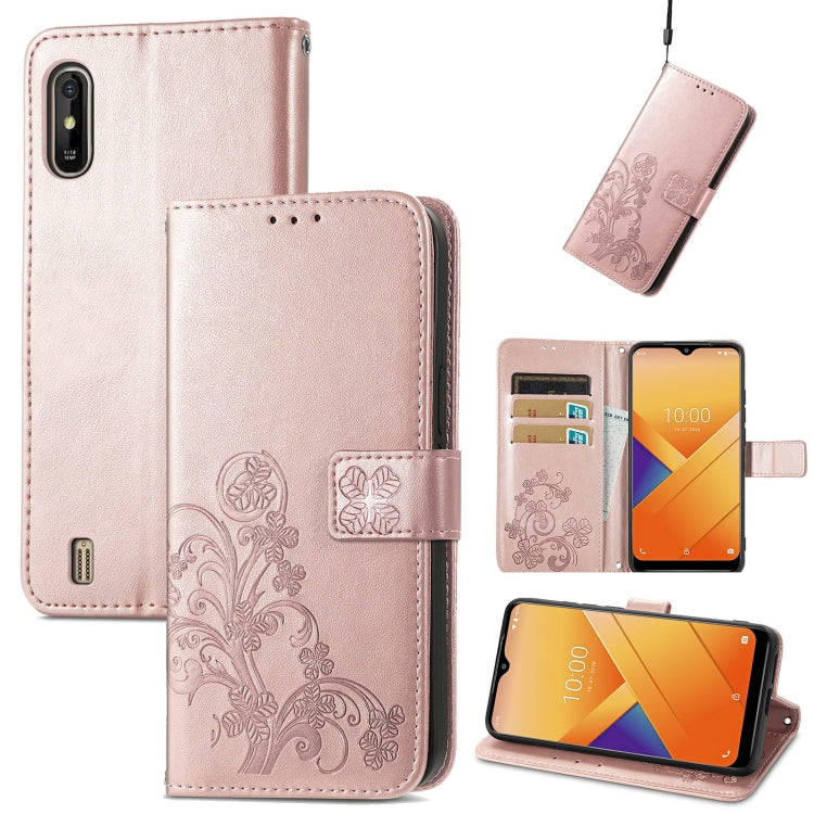 For Wiko Y81 Four-leaf Clasp Embossed Buckle Mobile Phone Protection Leather Case with Lanyard & Card Slot & Wallet & Bracket Function