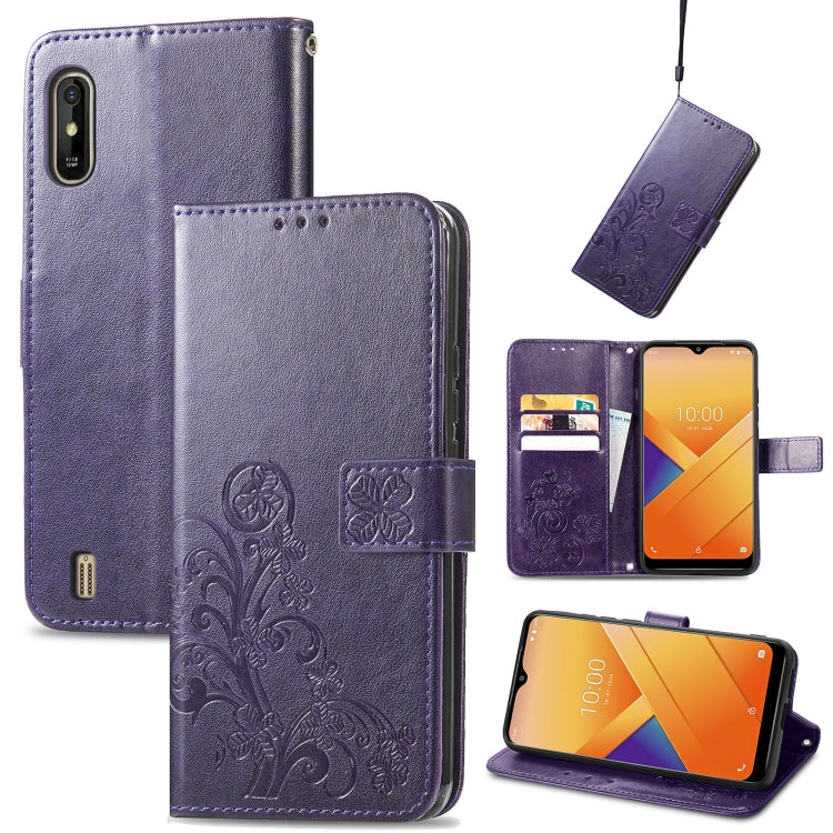 For Wiko Y81 Four-leaf Clasp Embossed Buckle Mobile Phone Protection Leather Case with Lanyard & Card Slot & Wallet & Bracket Function