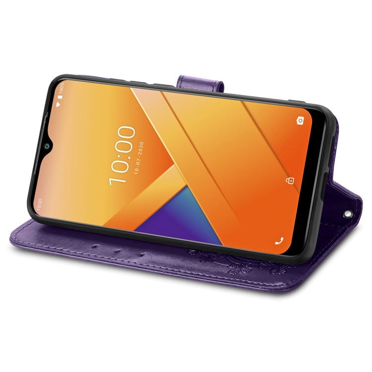 For Wiko Y81 Four-leaf Clasp Embossed Buckle Mobile Phone Protection Leather Case with Lanyard & Card Slot & Wallet & Bracket Function