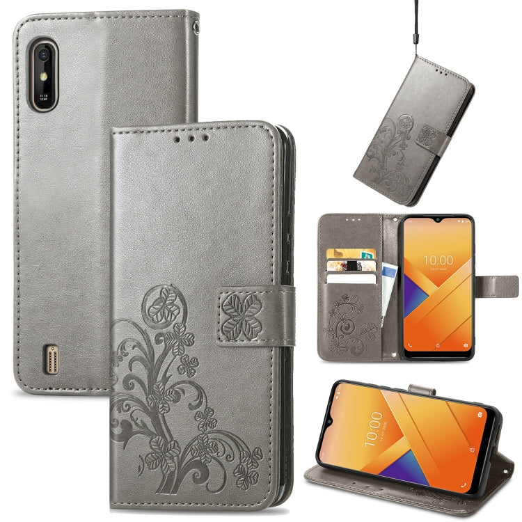 For Wiko Y81 Four-leaf Clasp Embossed Buckle Mobile Phone Protection Leather Case with Lanyard & Card Slot & Wallet & Bracket Function