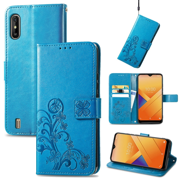 For Wiko Y81 Four-leaf Clasp Embossed Buckle Mobile Phone Protection Leather Case with Lanyard & Card Slot & Wallet & Bracket Function
