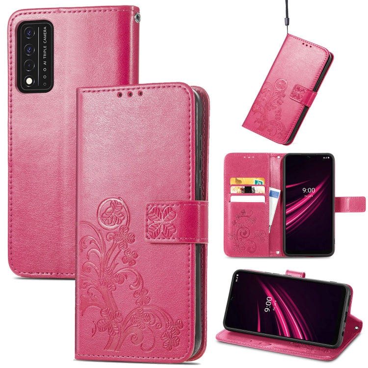 For T-Mobile REVVL V+ 5G Four-leaf Clasp Embossed Buckle Mobile Phone Protection Leather Case with Lanyard & Card Slot & Wallet & Bracket Function