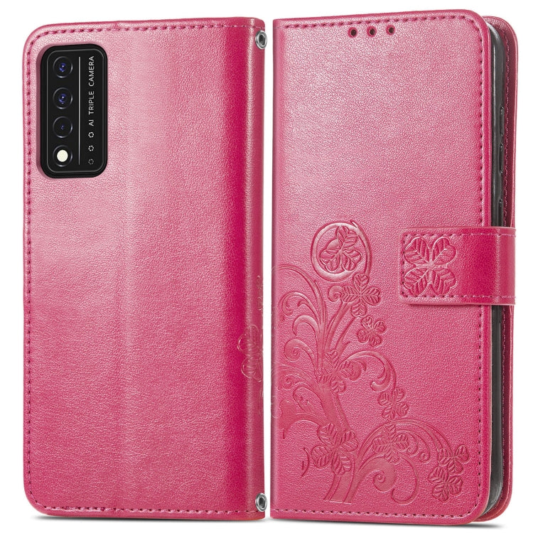 For T-Mobile REVVL V+ 5G Four-leaf Clasp Embossed Buckle Mobile Phone Protection Leather Case with Lanyard & Card Slot & Wallet & Bracket Function