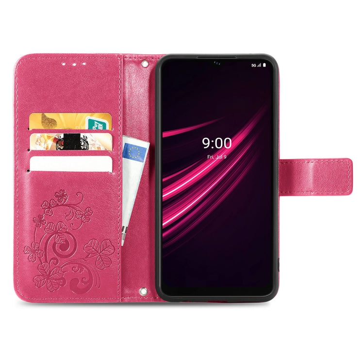 For T-Mobile REVVL V+ 5G Four-leaf Clasp Embossed Buckle Mobile Phone Protection Leather Case with Lanyard & Card Slot & Wallet & Bracket Function