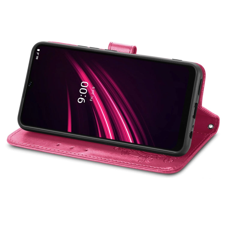 For T-Mobile REVVL V+ 5G Four-leaf Clasp Embossed Buckle Mobile Phone Protection Leather Case with Lanyard & Card Slot & Wallet & Bracket Function