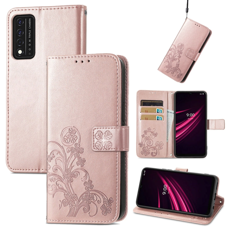 For T-Mobile REVVL V+ 5G Four-leaf Clasp Embossed Buckle Mobile Phone Protection Leather Case with Lanyard & Card Slot & Wallet & Bracket Function