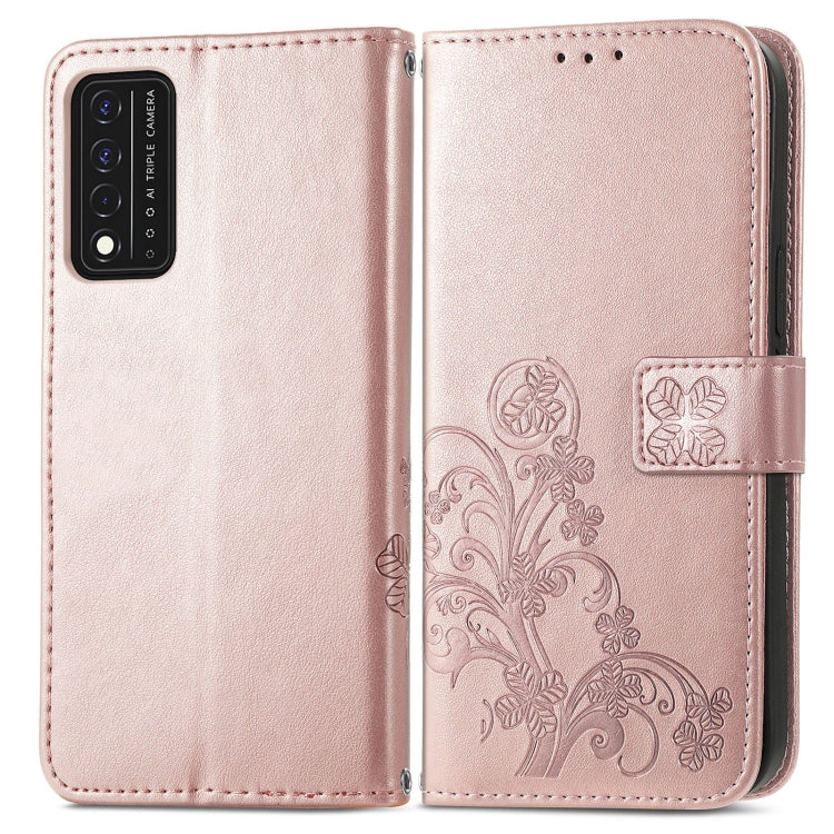 For T-Mobile REVVL V+ 5G Four-leaf Clasp Embossed Buckle Mobile Phone Protection Leather Case with Lanyard & Card Slot & Wallet & Bracket Function