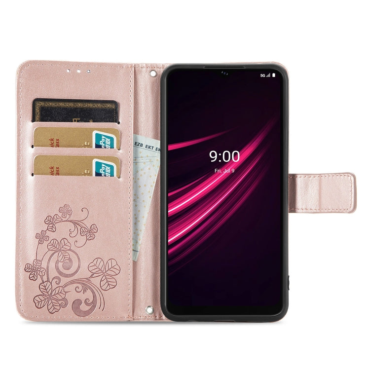 For T-Mobile REVVL V+ 5G Four-leaf Clasp Embossed Buckle Mobile Phone Protection Leather Case with Lanyard & Card Slot & Wallet & Bracket Function