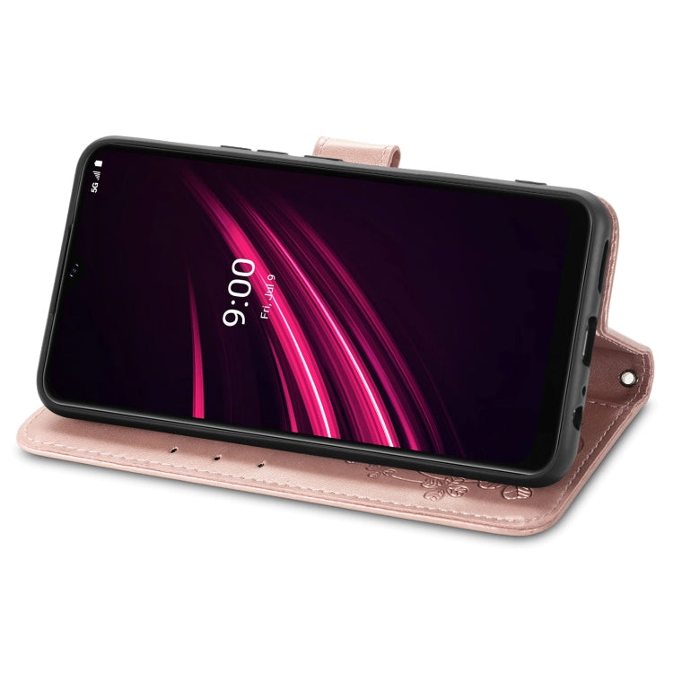 For T-Mobile REVVL V+ 5G Four-leaf Clasp Embossed Buckle Mobile Phone Protection Leather Case with Lanyard & Card Slot & Wallet & Bracket Function