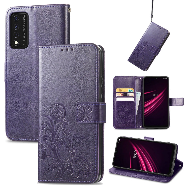 For T-Mobile REVVL V+ 5G Four-leaf Clasp Embossed Buckle Mobile Phone Protection Leather Case with Lanyard & Card Slot & Wallet & Bracket Function