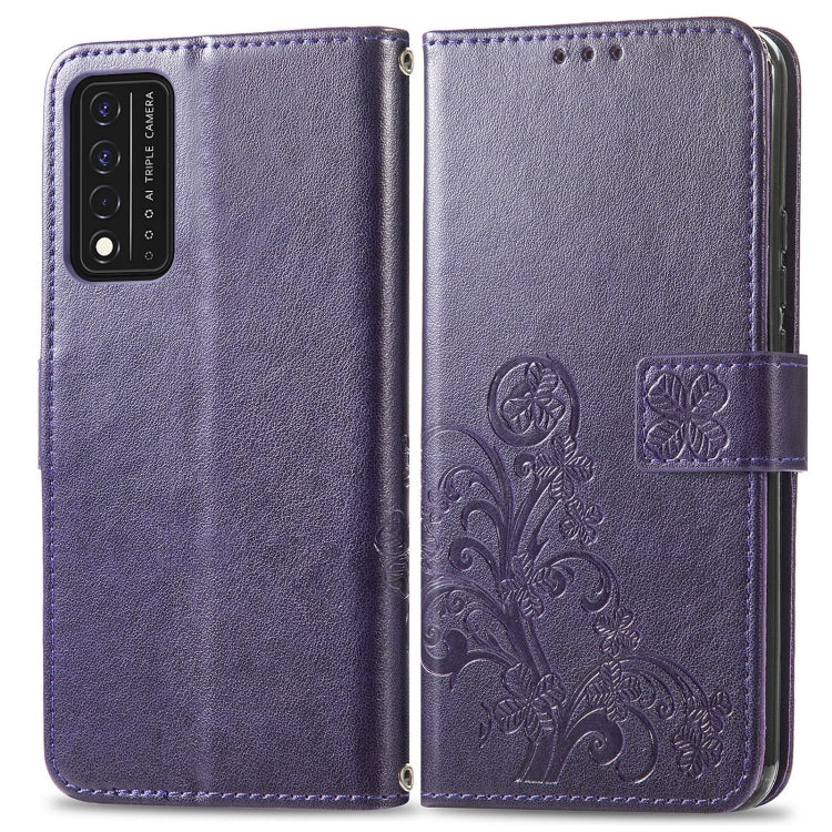 For T-Mobile REVVL V+ 5G Four-leaf Clasp Embossed Buckle Mobile Phone Protection Leather Case with Lanyard & Card Slot & Wallet & Bracket Function