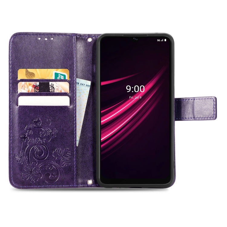 For T-Mobile REVVL V+ 5G Four-leaf Clasp Embossed Buckle Mobile Phone Protection Leather Case with Lanyard & Card Slot & Wallet & Bracket Function