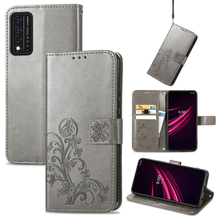 For T-Mobile REVVL V+ 5G Four-leaf Clasp Embossed Buckle Mobile Phone Protection Leather Case with Lanyard & Card Slot & Wallet & Bracket Function