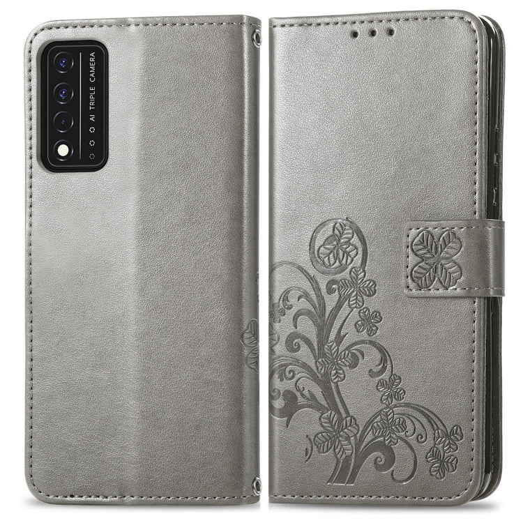 For T-Mobile REVVL V+ 5G Four-leaf Clasp Embossed Buckle Mobile Phone Protection Leather Case with Lanyard & Card Slot & Wallet & Bracket Function