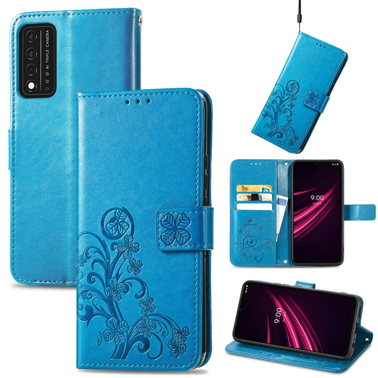 For T-Mobile REVVL V+ 5G Four-leaf Clasp Embossed Buckle Mobile Phone Protection Leather Case with Lanyard & Card Slot & Wallet & Bracket Function