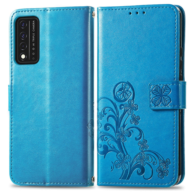 For T-Mobile REVVL V+ 5G Four-leaf Clasp Embossed Buckle Mobile Phone Protection Leather Case with Lanyard & Card Slot & Wallet & Bracket Function