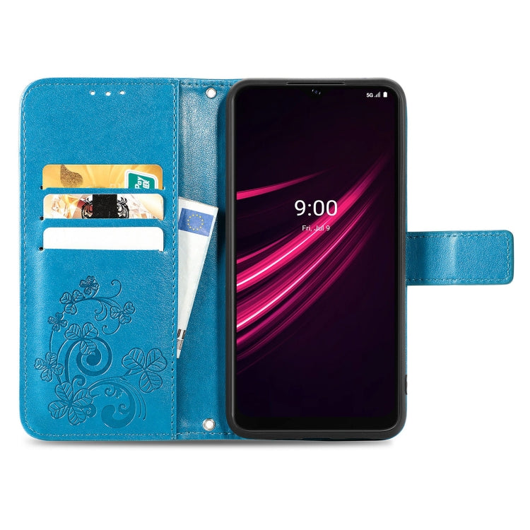 For T-Mobile REVVL V+ 5G Four-leaf Clasp Embossed Buckle Mobile Phone Protection Leather Case with Lanyard & Card Slot & Wallet & Bracket Function