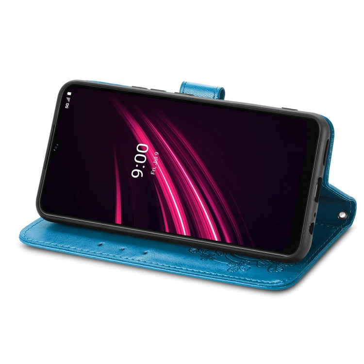 For T-Mobile REVVL V+ 5G Four-leaf Clasp Embossed Buckle Mobile Phone Protection Leather Case with Lanyard & Card Slot & Wallet & Bracket Function