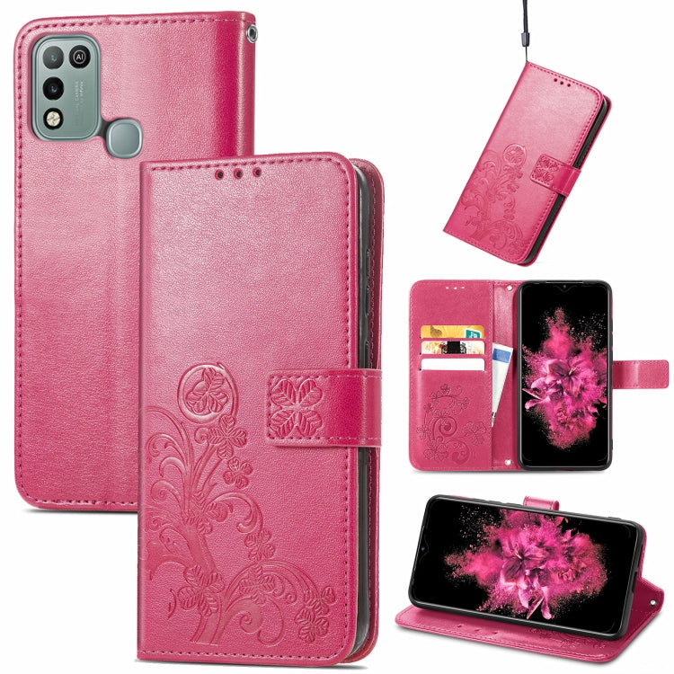 For INFINIX Hot 10 Play Four-leaf Clasp Embossed Buckle Mobile Phone Protection Leather Case with Lanyard & Card Slot & Wallet & Bracket Function
