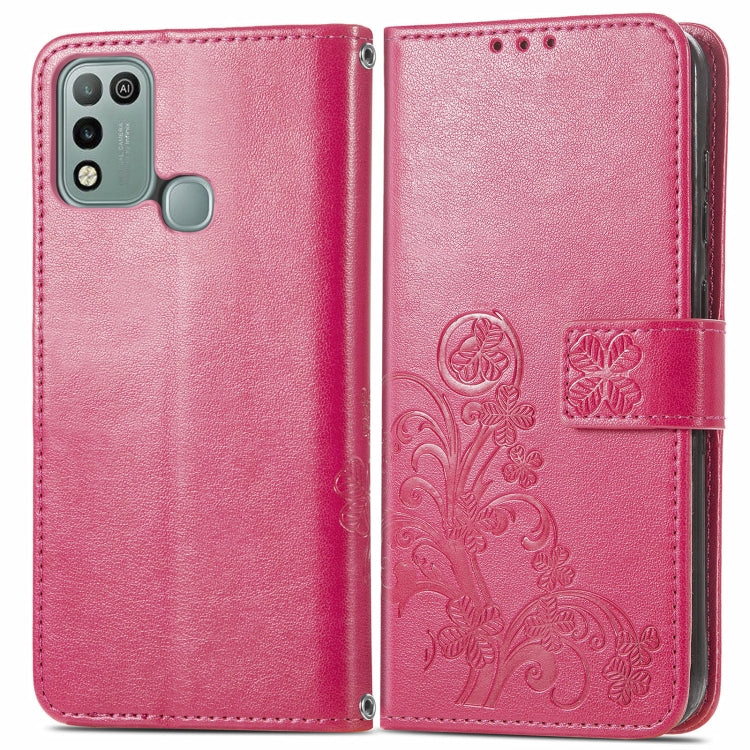For INFINIX Hot 10 Play Four-leaf Clasp Embossed Buckle Mobile Phone Protection Leather Case with Lanyard & Card Slot & Wallet & Bracket Function