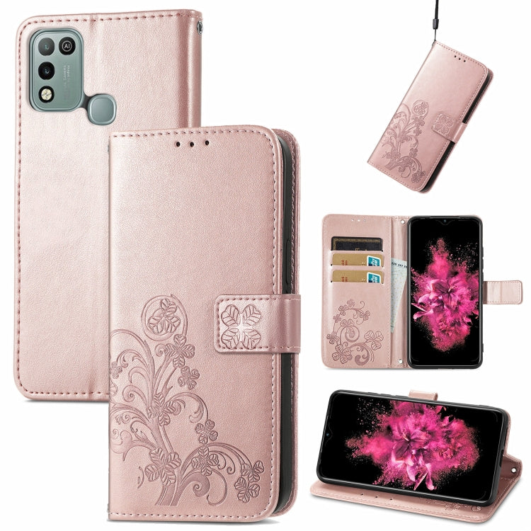For INFINIX Hot 10 Play Four-leaf Clasp Embossed Buckle Mobile Phone Protection Leather Case with Lanyard & Card Slot & Wallet & Bracket Function