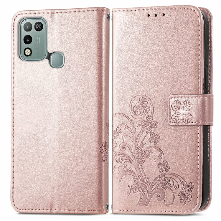 For INFINIX Hot 10 Play Four-leaf Clasp Embossed Buckle Mobile Phone Protection Leather Case with Lanyard & Card Slot & Wallet & Bracket Function