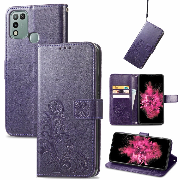 For INFINIX Hot 10 Play Four-leaf Clasp Embossed Buckle Mobile Phone Protection Leather Case with Lanyard & Card Slot & Wallet & Bracket Function