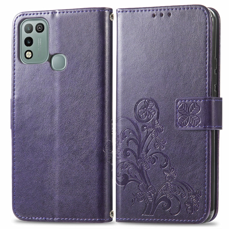 For INFINIX Hot 10 Play Four-leaf Clasp Embossed Buckle Mobile Phone Protection Leather Case with Lanyard & Card Slot & Wallet & Bracket Function