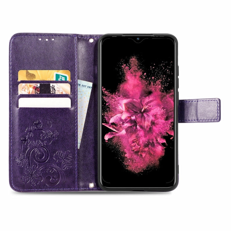 For INFINIX Hot 10 Play Four-leaf Clasp Embossed Buckle Mobile Phone Protection Leather Case with Lanyard & Card Slot & Wallet & Bracket Function