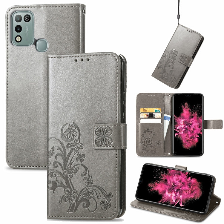 For INFINIX Hot 10 Play Four-leaf Clasp Embossed Buckle Mobile Phone Protection Leather Case with Lanyard & Card Slot & Wallet & Bracket Function