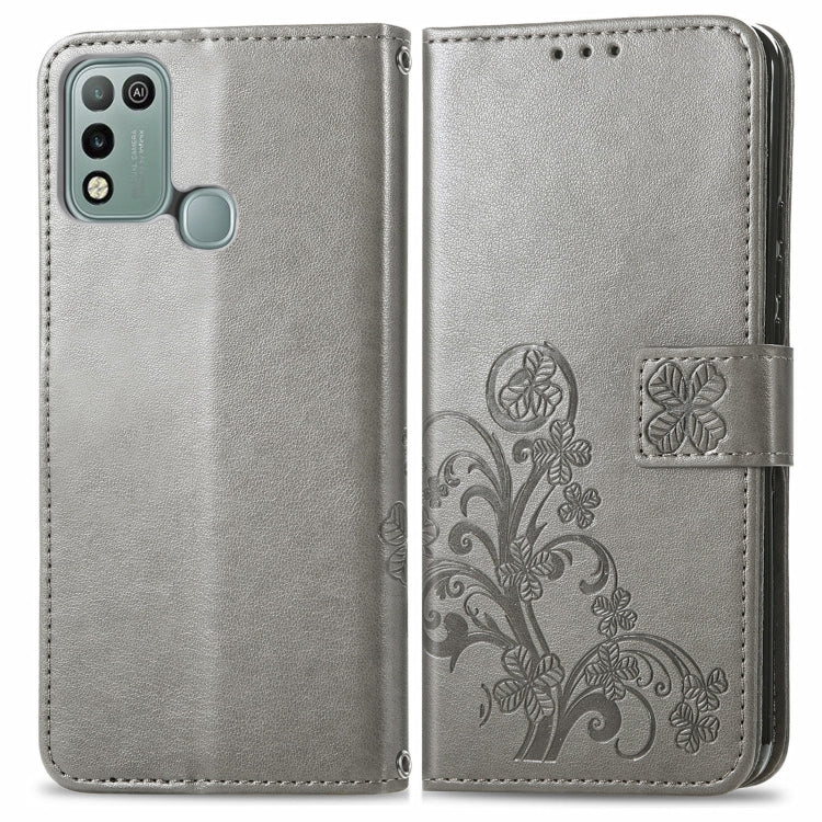 For INFINIX Hot 10 Play Four-leaf Clasp Embossed Buckle Mobile Phone Protection Leather Case with Lanyard & Card Slot & Wallet & Bracket Function
