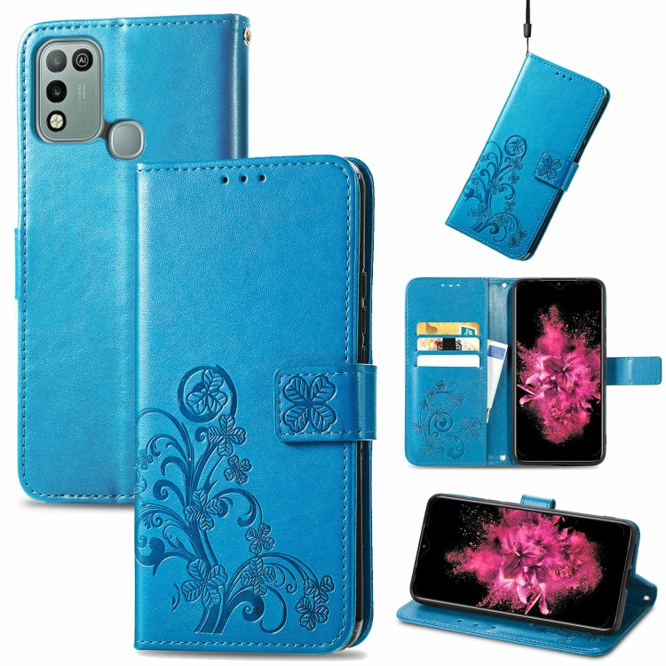 For INFINIX Hot 10 Play Four-leaf Clasp Embossed Buckle Mobile Phone Protection Leather Case with Lanyard & Card Slot & Wallet & Bracket Function