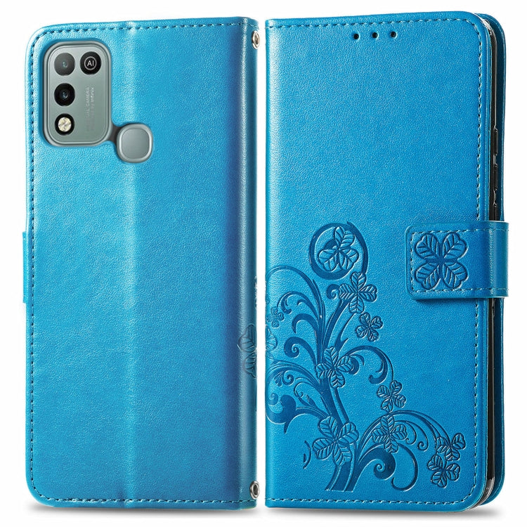 For INFINIX Hot 10 Play Four-leaf Clasp Embossed Buckle Mobile Phone Protection Leather Case with Lanyard & Card Slot & Wallet & Bracket Function