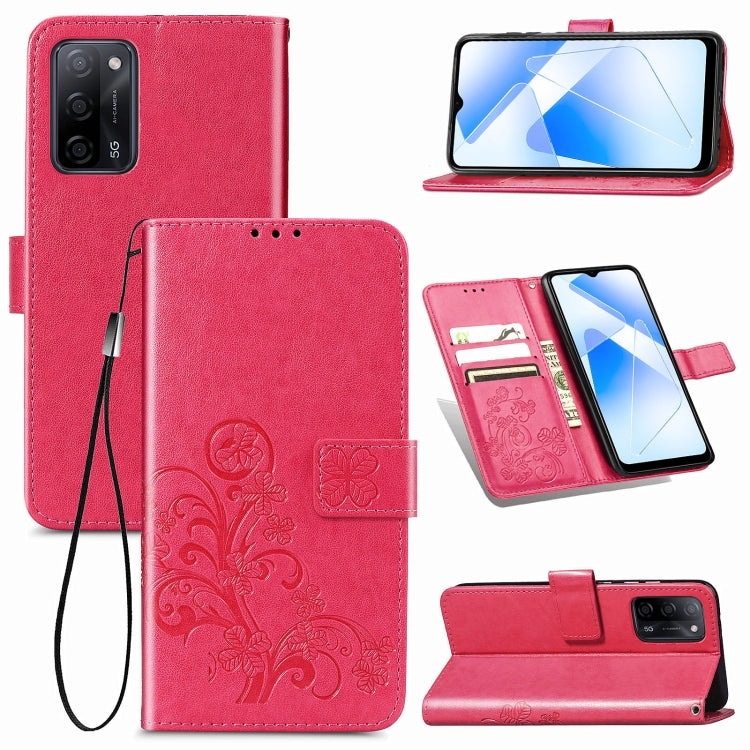 For OPPO A55 5G Four-leaf Clasp Embossed Buckle Mobile Phone Protection Leather Case with Lanyard & Card Slot & Wallet & Bracket Function
